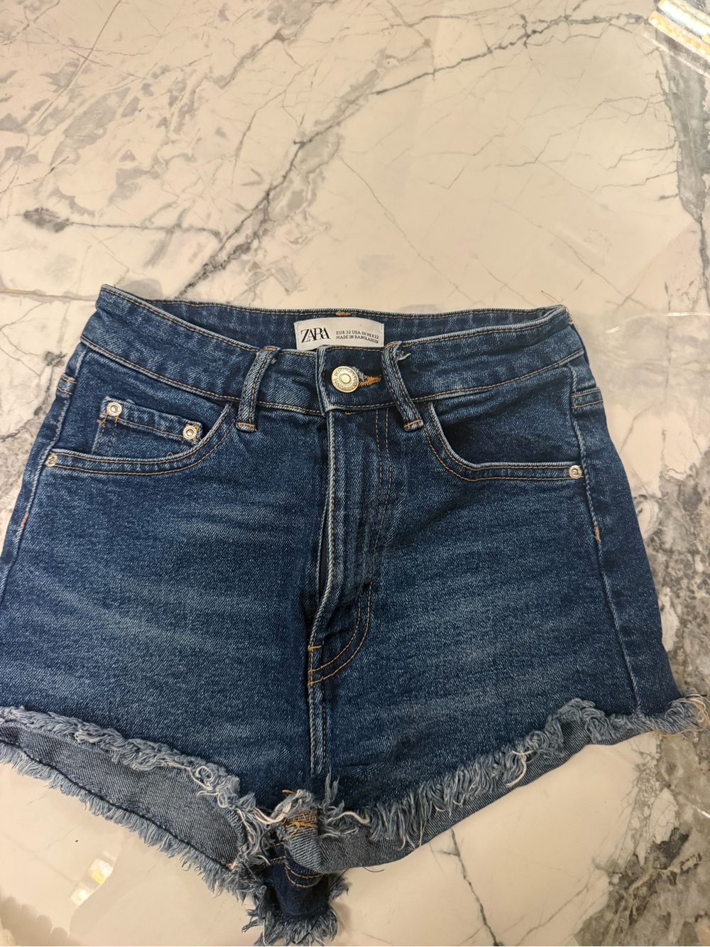Zara Medium Blue High-Rise Frayed Denim Shorts